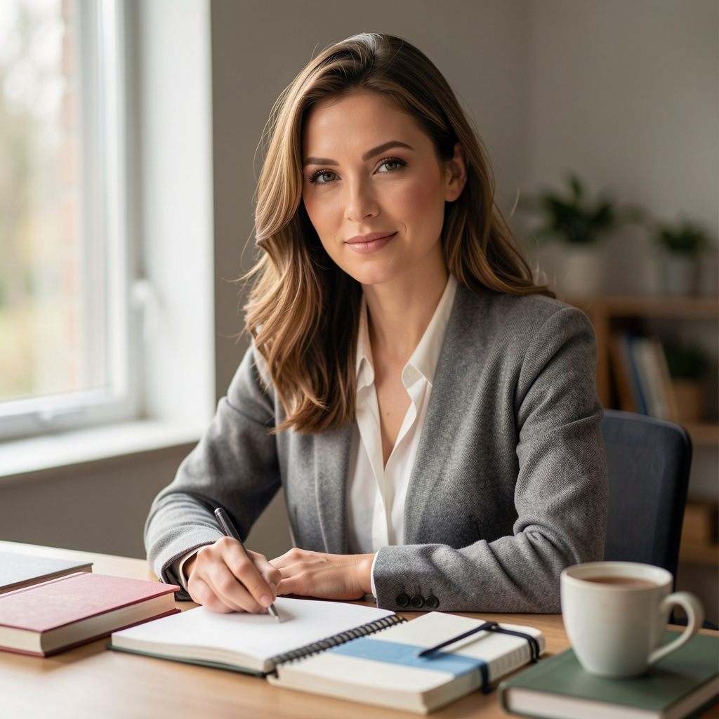 Editorial portrait of a woman seated at a desk with notebooks and a cup of tea, soft natural window light from the left
