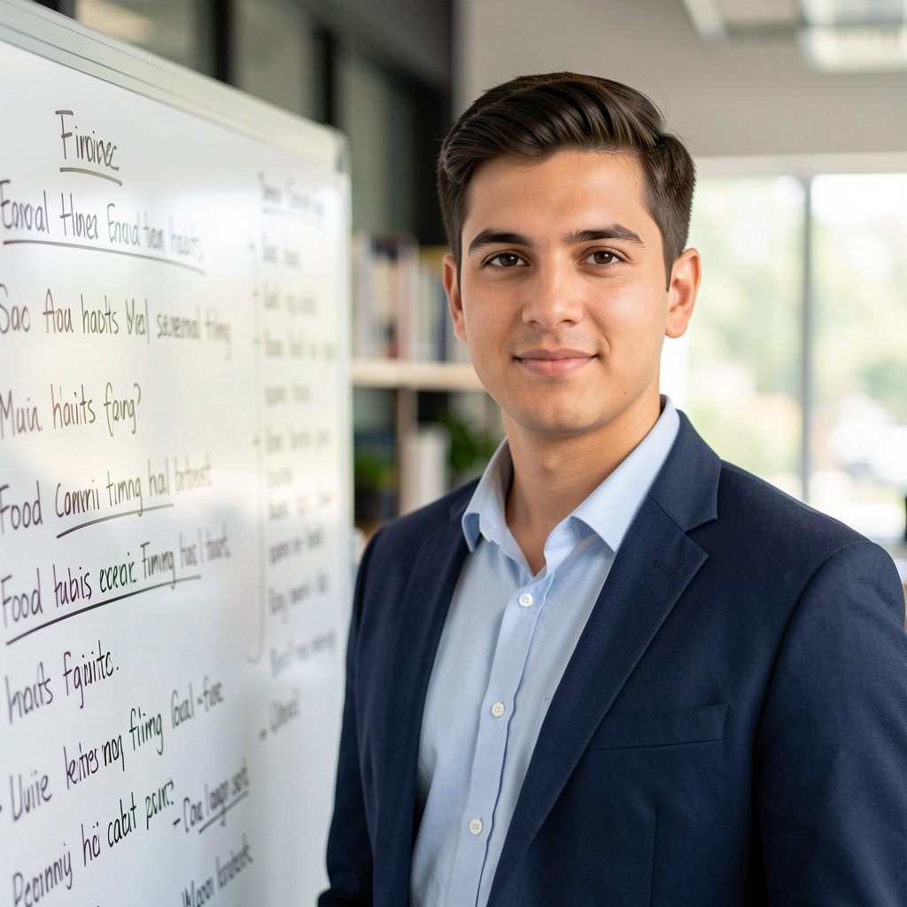 Portrait of Tobias Whitfield, contributing editor, standing beside a large whiteboard covered in handwritten notes about food habits and meal timing, editorial office interior