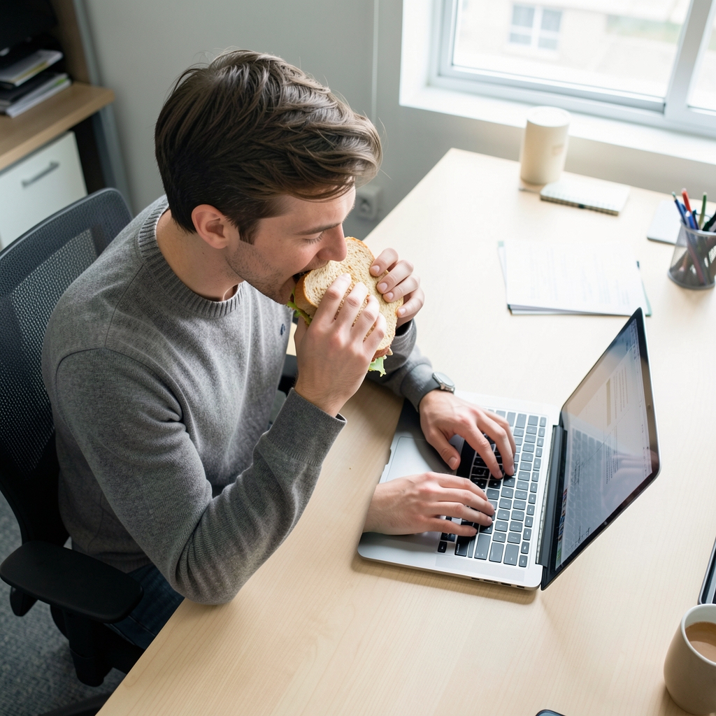 Person eating a sandwich at a office desk while typing on a laptop, overhead editorial serving in natural daylight