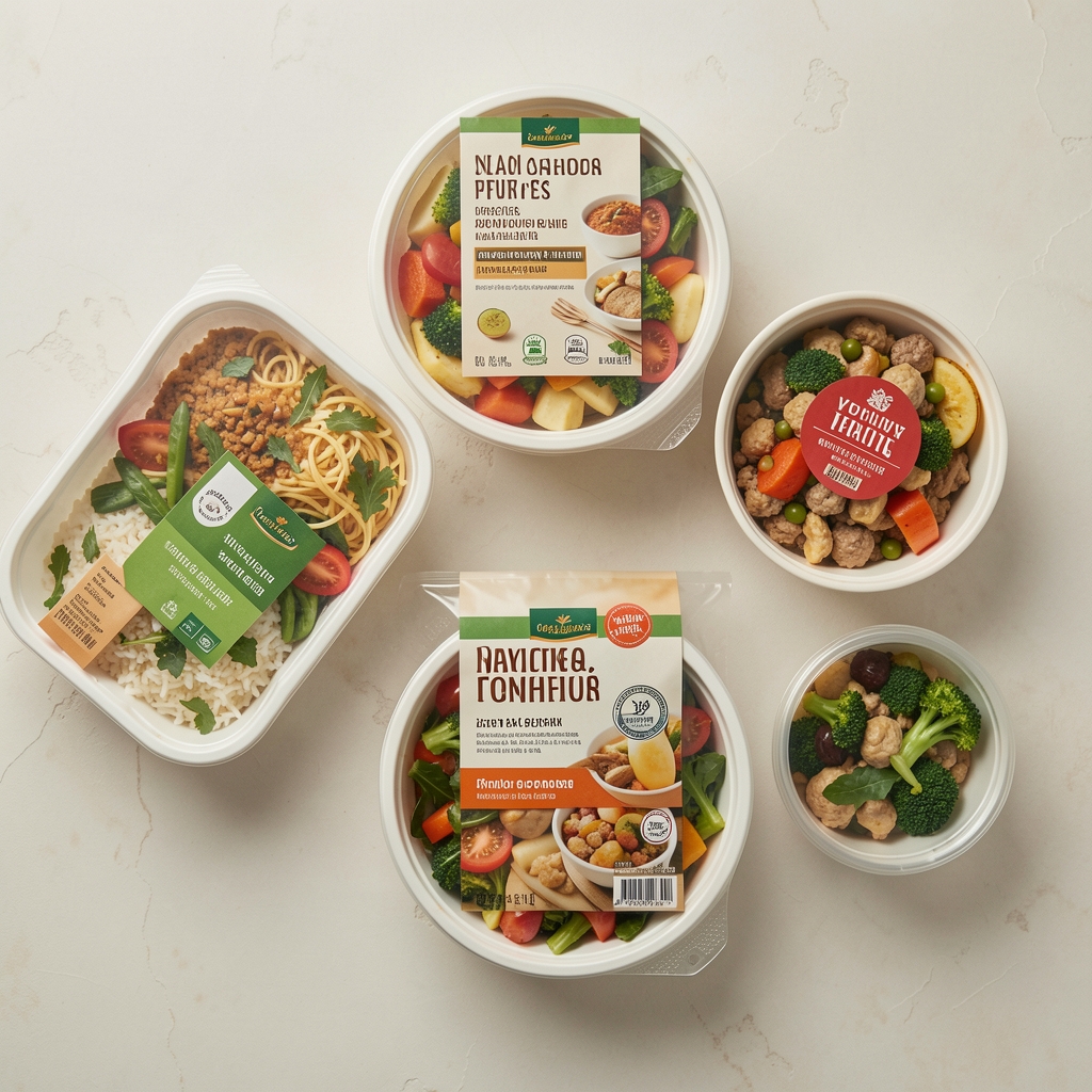 Ready-made meal packaging arranged in a flat lay composition on a pale surface, labels facing upward, editorial product photography in soft natural light