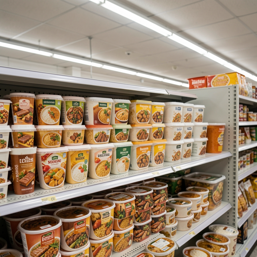 Supermarket ready-made meal containers lined on a shelf under fluorescent lighting, product editorial composition