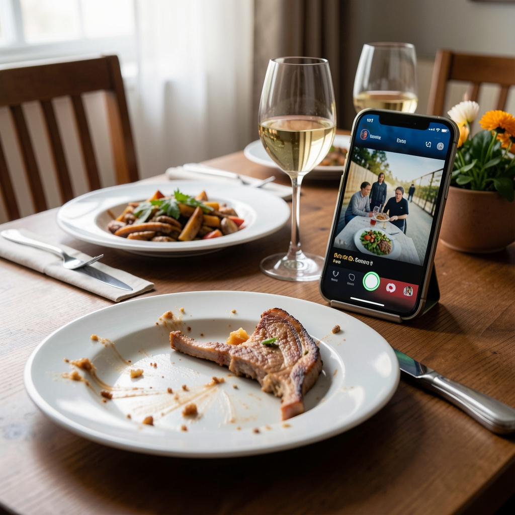 A dinner table set for one with a half-eaten meal, a phone propped against a glass playing video, the food cooling and largely untouched as attention shifts to the screen, editorial still life photograph