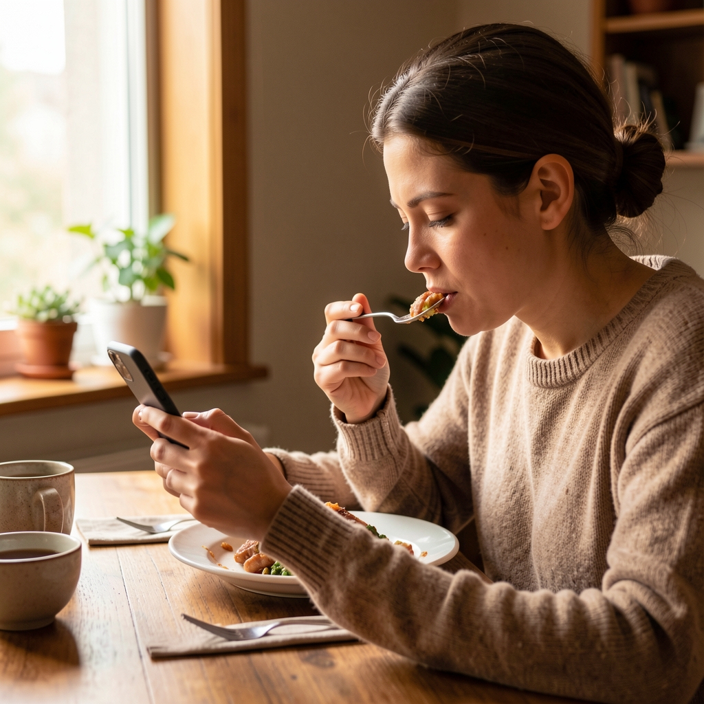 Person looking at a smartphone while eating a meal at a table, side angle editorial photograph in warm natural indoor light